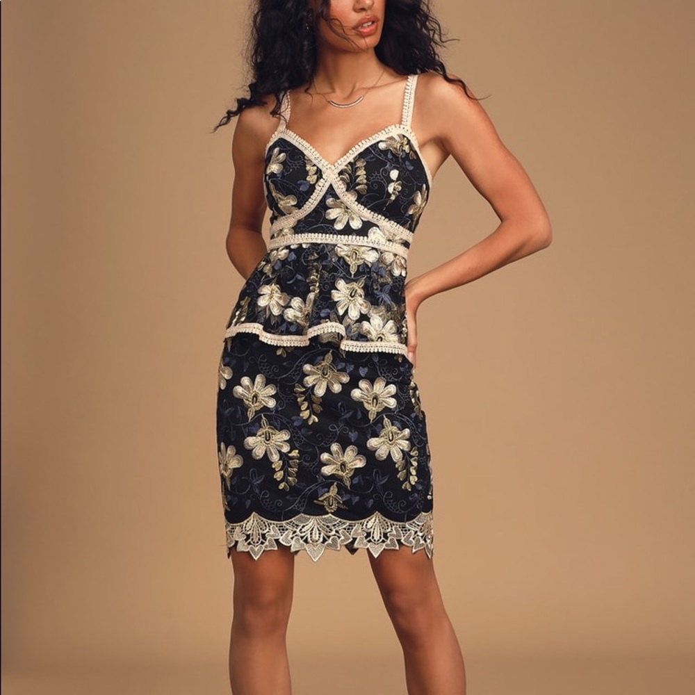 Black and blue embroidered peplum dress